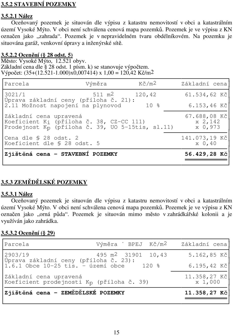 5) Město: Vysoké Mýto, 12.521 obyv. Základní cena dle 28 odst. 1 písm. k) se stanovuje výpočtem. Výpočet: (35+(12.521-1.