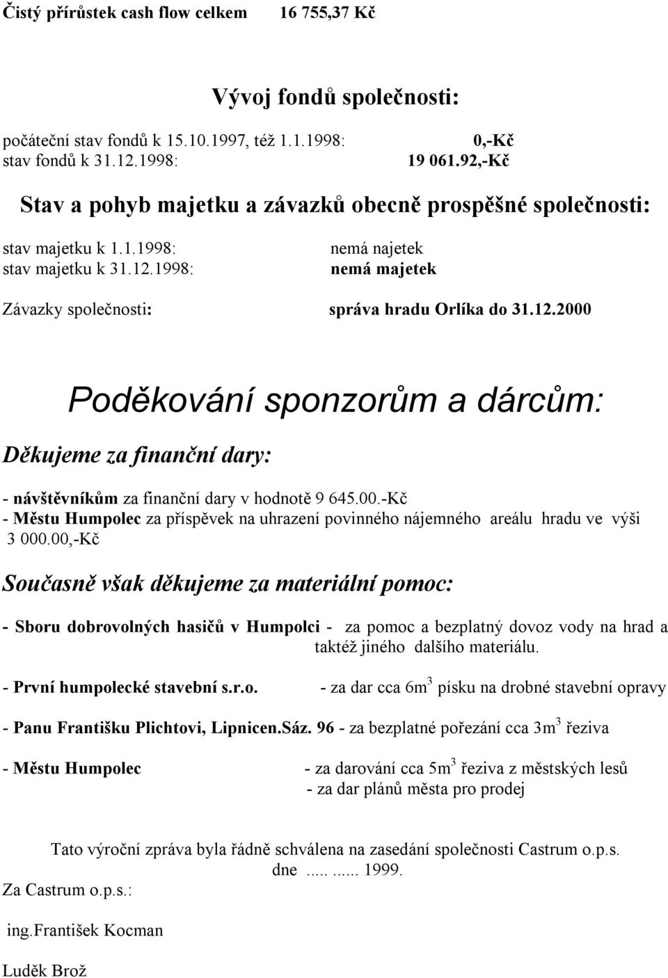 1998: nemá najetek nemá majetek Závazky společnosti: správa hradu Orlíka do 31.12.2000 Poděkování sponzorům a dárcům: Děkujeme za finanční dary: - návštěvníkům za finanční dary v hodnotě 9 645.00.-Kč - Městu Humpolec za příspěvek na uhrazení povinného nájemného areálu hradu ve výši 3 000.