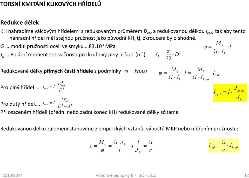 Párí mmet setrvčst pr ruhvý pý hříde (m G J ) J D Reduvé déy přímýh částí hřídee z pdmíy st Pr pý hříde. Pr dutý hříde.