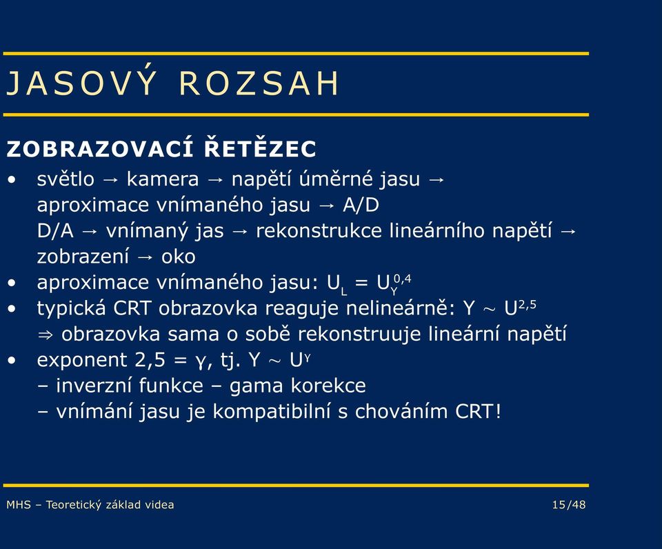 obrazovka reaguje nelineárně: Y U 2,5 obrazovka sama o sobě rekonstruuje lineární napětí exponent 2,5 = γ,