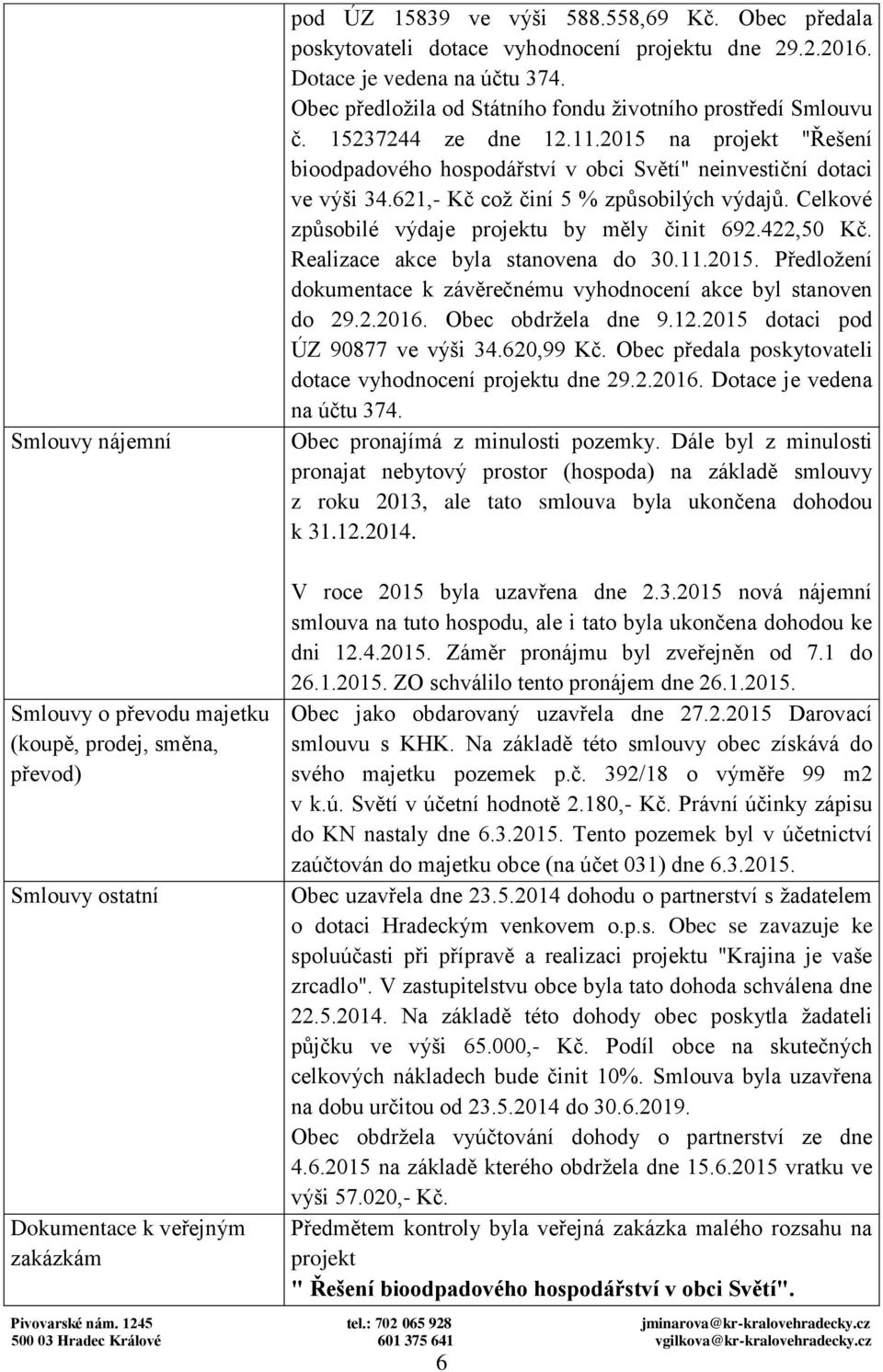 621,- Kč což činí 5 % způsobilých výdajů. Celkové způsobilé výdaje projektu by měly činit 692.422,50 Kč. Realizace akce byla stanovena do 30.11.2015.