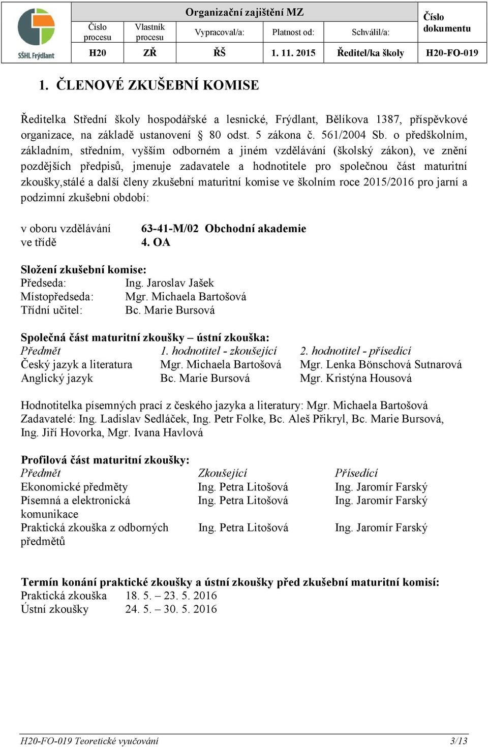 další členy zkušební maturitní komise ve školním roce 2015/2016 pro jarní a podzimní zkušební období: v oboru vzdělávání ve třídě 63-41-M/02 Obchodní akademie 4.