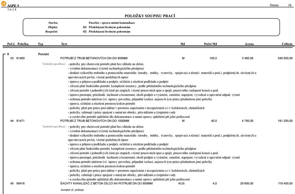 ), podpěrných, závěsných a upevňovacích prvků, včetně potřebných úprav - úprava a příprava podkladu a podpěr, očištění a ošetření podkladu a podpěr - zřízení plně funkčního potrubí, kompletní