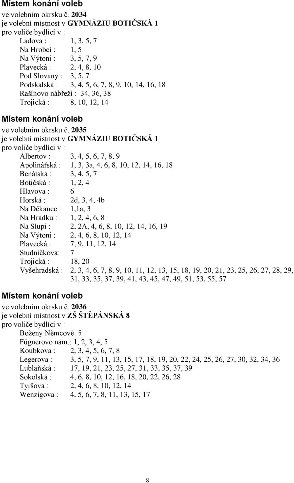 18 Rašínovo nábřeží : 34, 36, 38 Trojická : 8, 10, 12, 14  2035 je volební místnost v GYMNÁZIU BOTIČSKÁ 1 Albertov : 3, 4, 5, 6, 7, 8, 9 Apolinářská : 1, 3, 3a, 4, 6, 8, 10, 12, 14, 16, 18 Benátská :