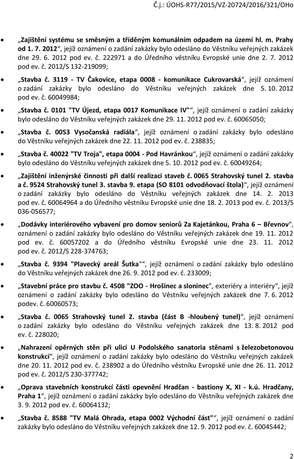 3119 - TV Čakovice, etapa 0008 - komunikace Cukrovarská, jejíž oznámení o zadání zakázky bylo odesláno do Věstníku veřejných zakázek dne 5. 10. 2012 pod ev. č. 60049984; Stavba č.