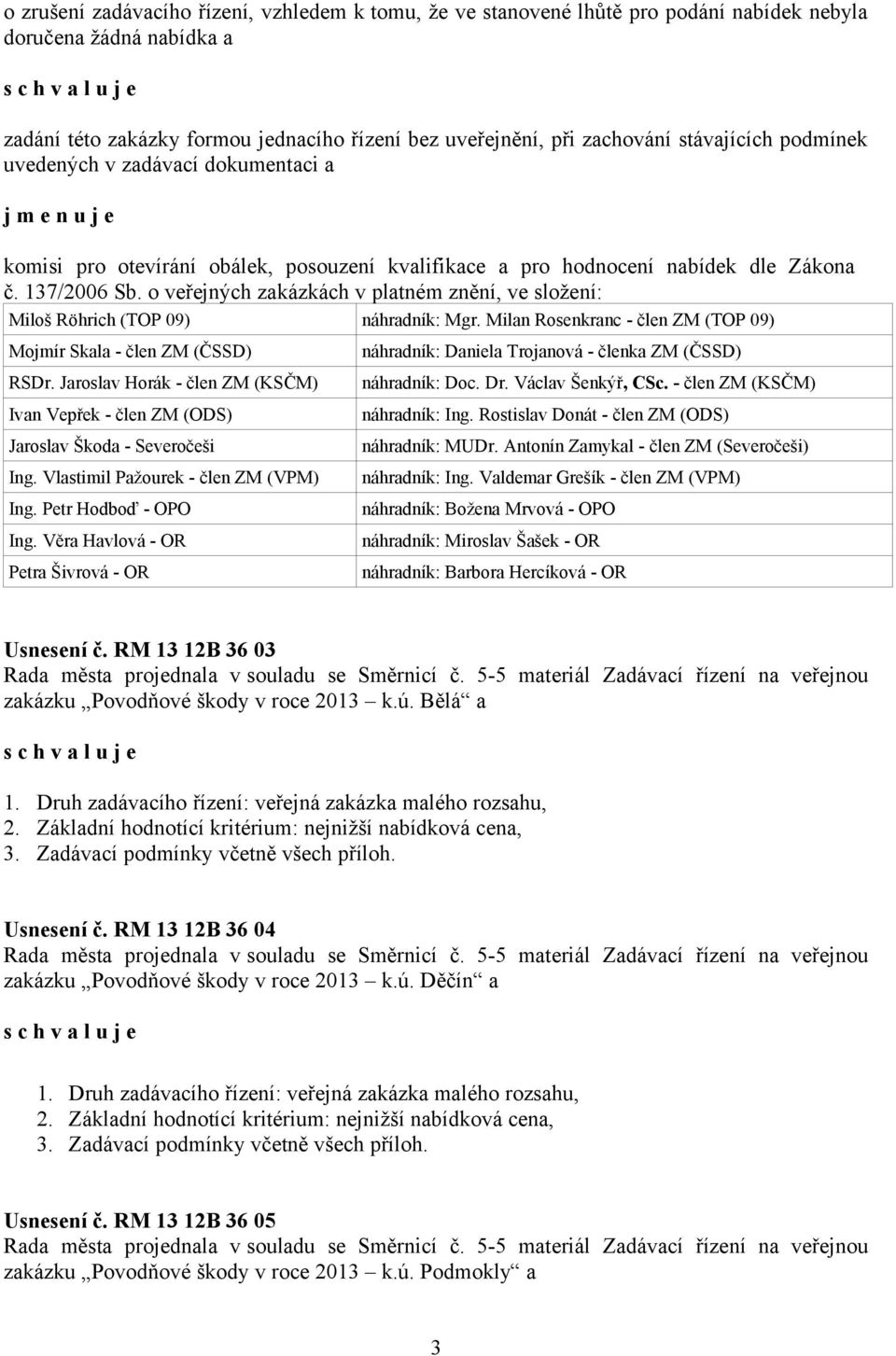 o veřejných zakázkách v platném znění, ve složení: Miloš Röhrich (TOP 09) náhradník: Mgr. Milan Rosenkranc - člen ZM (TOP 09) Mojmír Skala - člen ZM (ČSSD) RSDr.