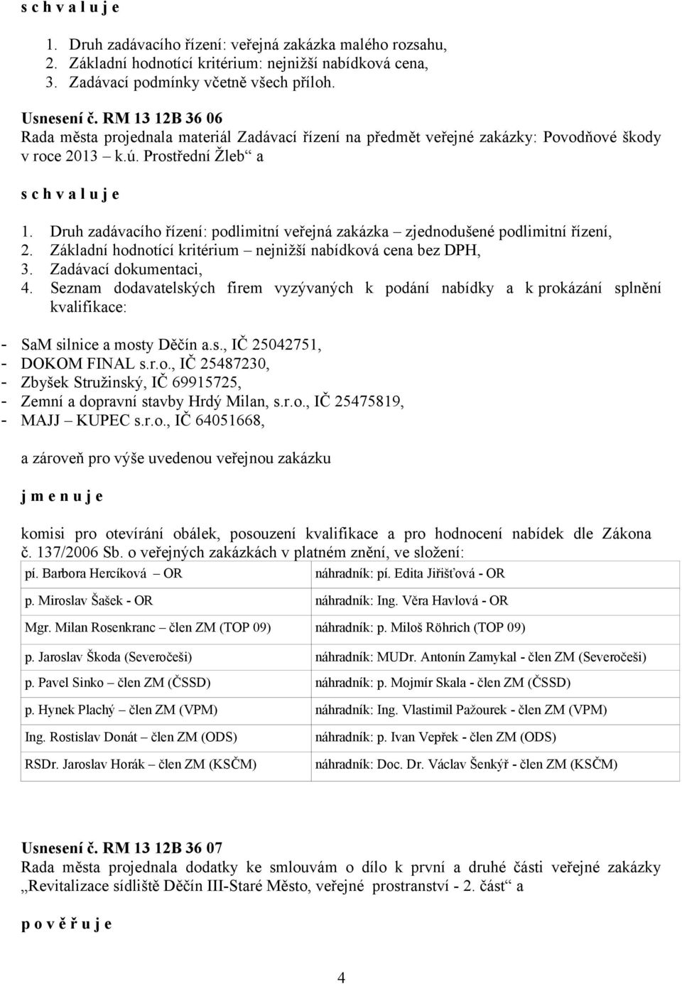 Seznam dodavatelských firem vyzývaných k podání nabídky a k prokázání splnění kvalifikace: - SaM silnice a mosty Děčín a.s., IČ 25042751, - DOKOM FINAL s.r.o., IČ 25487230, - Zbyšek Stružinský, IČ 69915725, - Zemní a dopravní stavby Hrdý Milan, s.