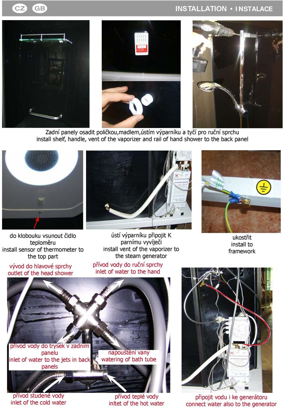 vaporizer to the steam generator přívod vody do ruční sprchy inlet of water to the hand ukostřit install to framework přívod vody do trysek v zadním panelu inlet of water to the jets in back