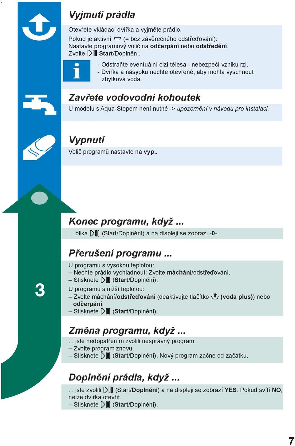 Zavřete vodovodní kohoutek U modelu s Aqua-Stopem není nutné -> upozornění v návodu pro instalaci. Vypnutí Volič programů nastavte na vyp.. Konec programu, když.