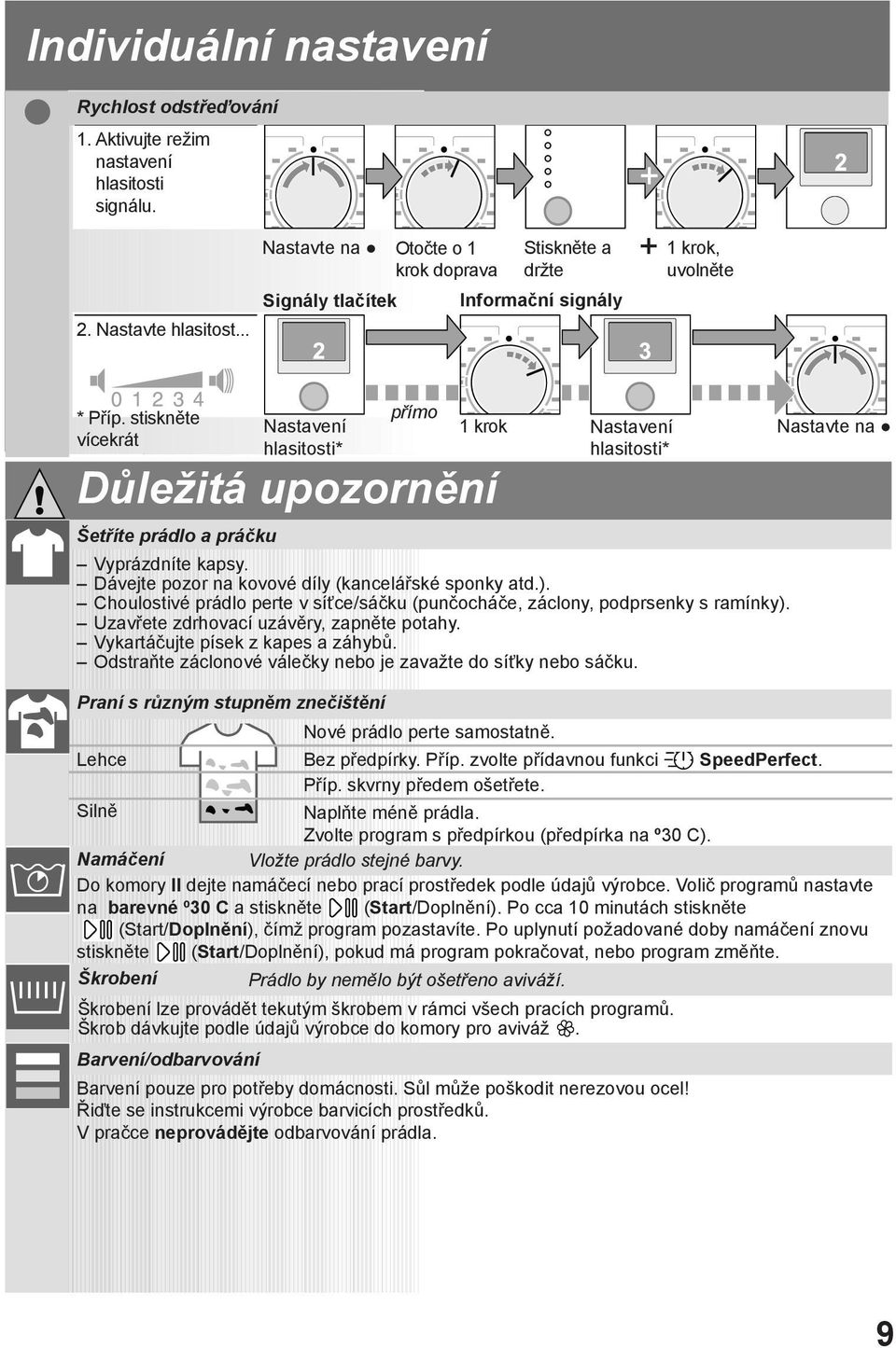 stiskněte vícekrát Nastavení hlasitosti* přímo Důležitá upozornění 1 krok Nastavení hlasitosti* Šetříte prádlo a práčku Vyprázdníte kapsy. Dávejte pozor na kovové díly (kancelářské sponky atd.).