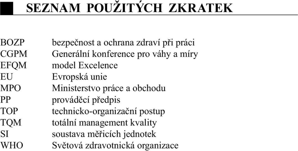 práce a obchodu PP prováděcí předpis TOP technicko-organizační postup TQM totální