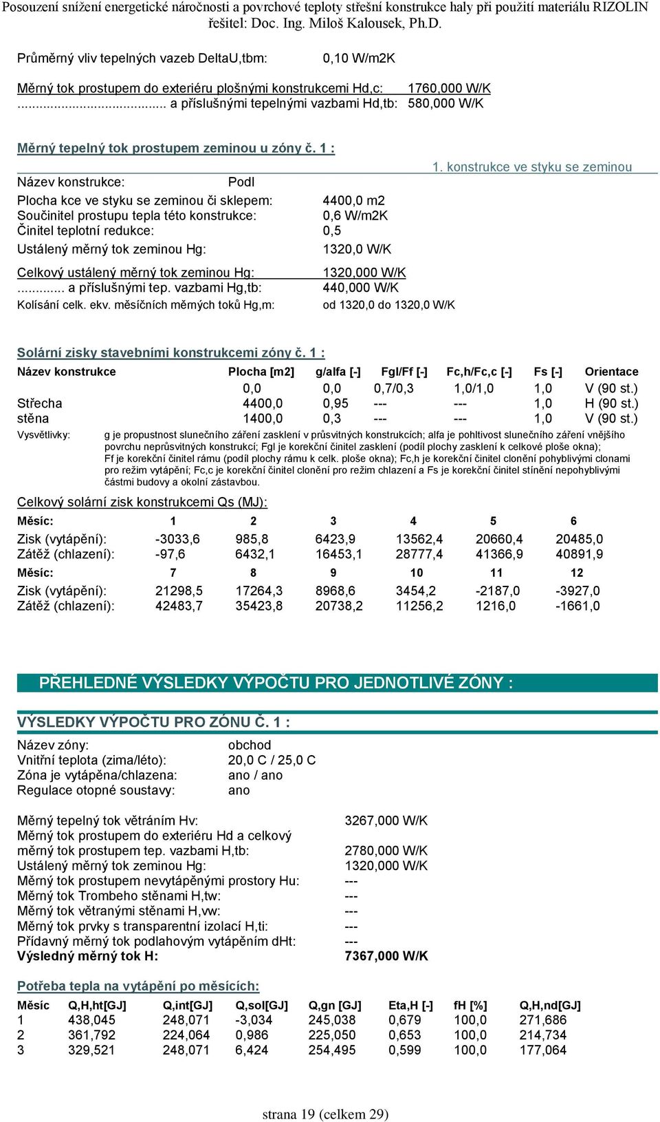 1 : Název konstrukce: Podl Plocha kce ve styku se zeminou či sklepem: 4400,0 m2 Součinitel prostupu tepla této konstrukce: 0,6 W/m2K Činitel teplotní redukce: 0,5 Ustálený měrný tok zeminou Hg: