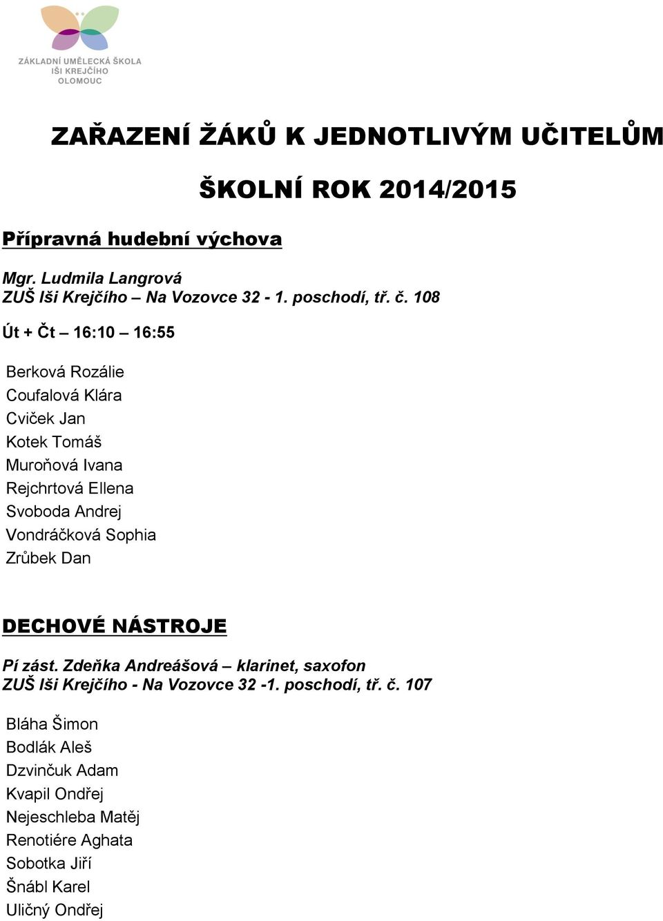 108 Út + Čt 16:10 16:55 Berková Rozálie Coufalová Klára Cviček Jan Kotek Tomáš Muroňová Ivana Rejchrtová Ellena Svoboda Andrej Vondráčková