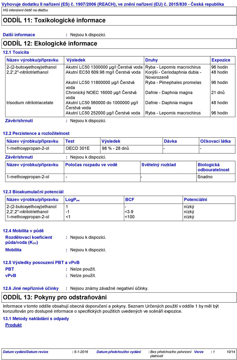 609.98 mg/l Čerstvá voda Korýši - Ceriodaphnia dubia - 48 hodin Novorozeně Akutní LC50 11800000 µg/l Čerstvá Ryba - Pimephales promelas 96 hodin voda Chronický NOEC 16000 µg/l Čerstvá Dafnie -