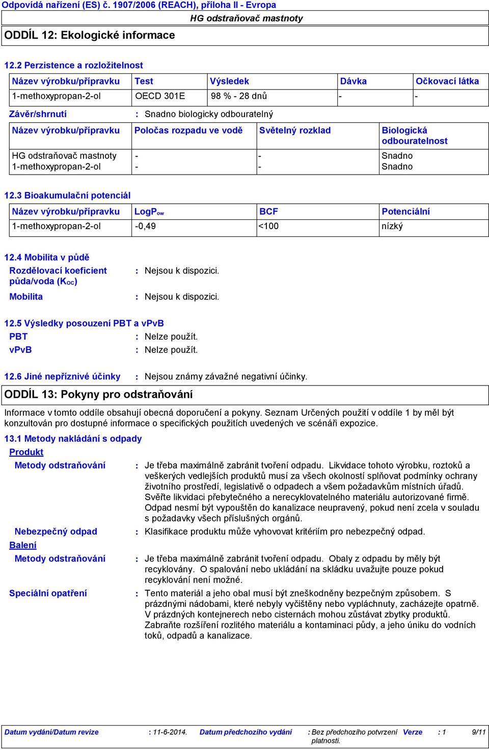 rozpadu ve vodě Světelný rozklad Biologická odbouratelnost Snadno 1methoxypropan2ol Snadno 12.