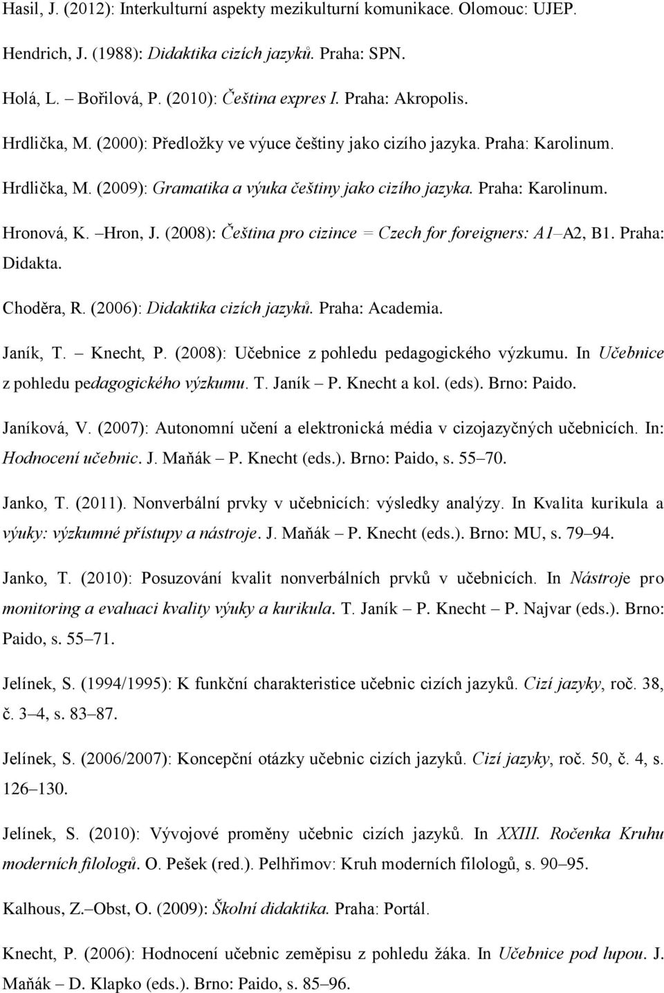 Hron, J. (2008): Čeština pro cizince = Czech for foreigners: A1 A2, B1. Praha: Didakta. Choděra, R. (2006): Didaktika cizích jazyků. Praha: Academia. Janík, T. Knecht, P.