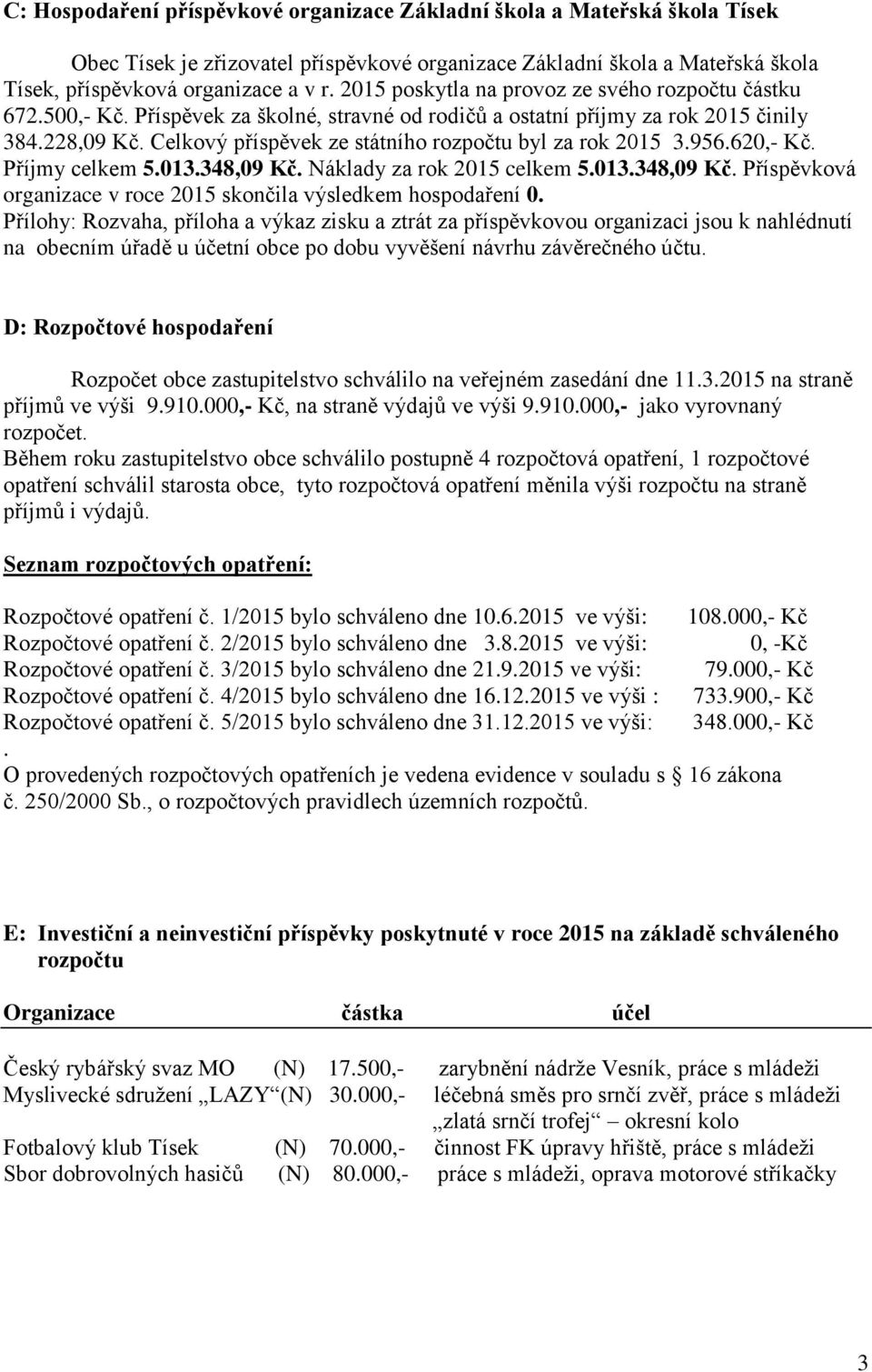 Celkový příspěvek ze státního rozpočtu byl za rok 2015 3.956.620,- Kč. Příjmy celkem 5.013.348,09 Kč. Náklady za rok 2015 celkem 5.013.348,09 Kč. Příspěvková organizace v roce 2015 skončila výsledkem hospodaření 0.