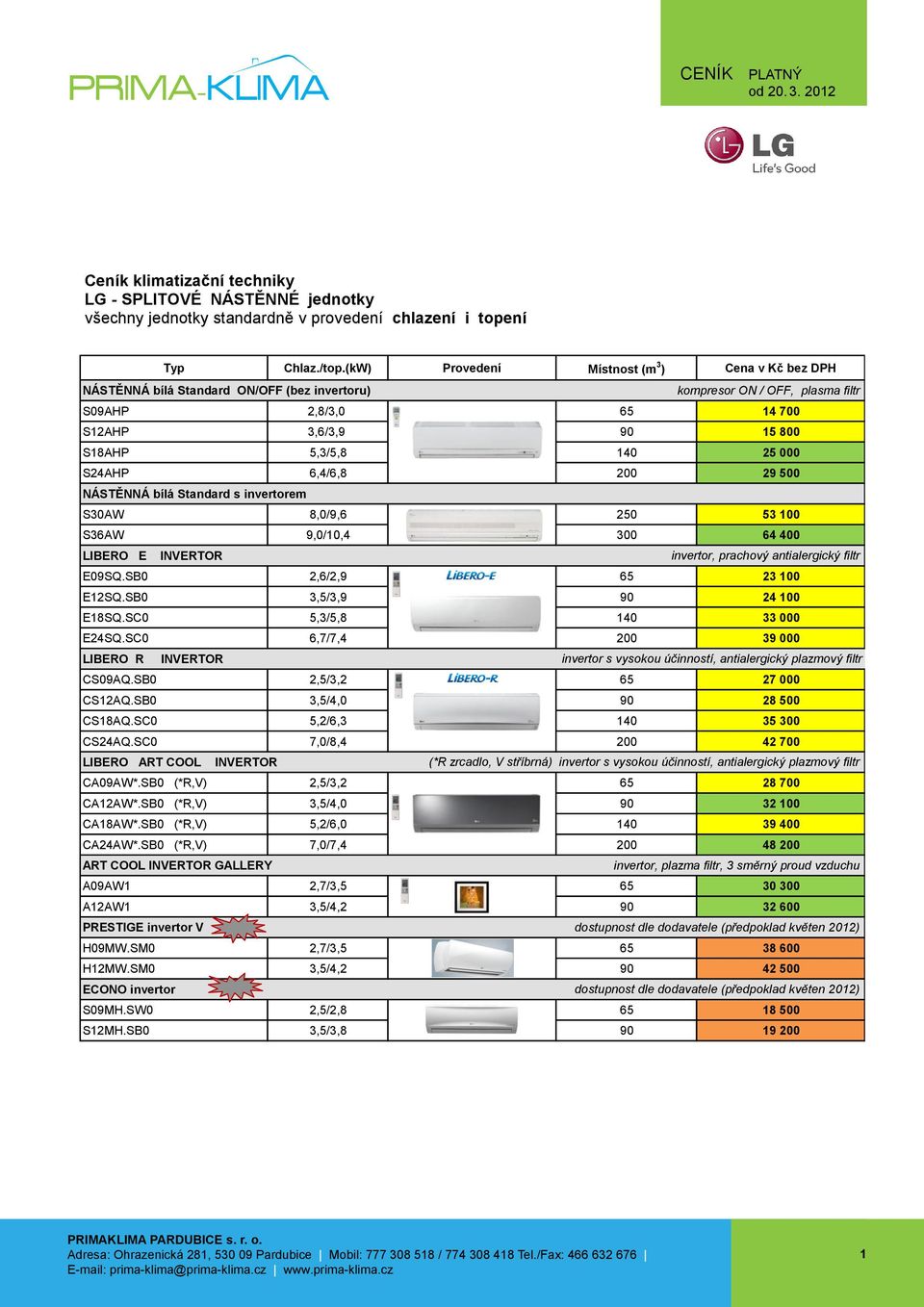 ) Cena EU NÁSTĚNNÁ bílá Standard ON/OFF (bez invertoru) kompresor ON / OFF, plasma filtr PVRCUSZ0 (pro synchro jednotky) S09AHP 2,8/3,0 65 Jednoduchý 4 drátový 700 ovladač S2AHP 3,6/3,9 90 PQRCVCL0Q