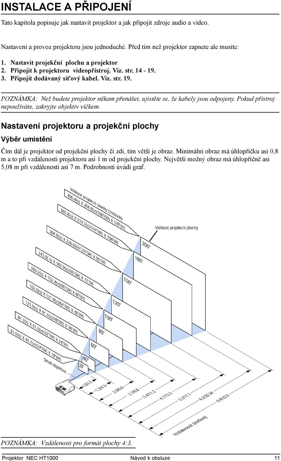 POZNÁMKA: Než budete projektor někam přenášet, ujistěte se, že kabely jsou odpojeny. Pokud přístroj nepoužíváte, zakryjte objektiv víčkem.