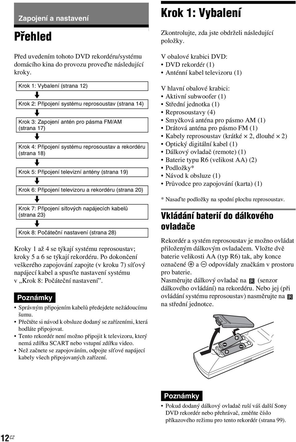 m Krok 5: Připojení televizní antény (strana 19) m Krok 6: Připojení televizoru a rekordéru (strana 20) m Krok 7: Připojení síťových napájecích kabelů (strana 23) m Krok 8: Počáteční nastavení