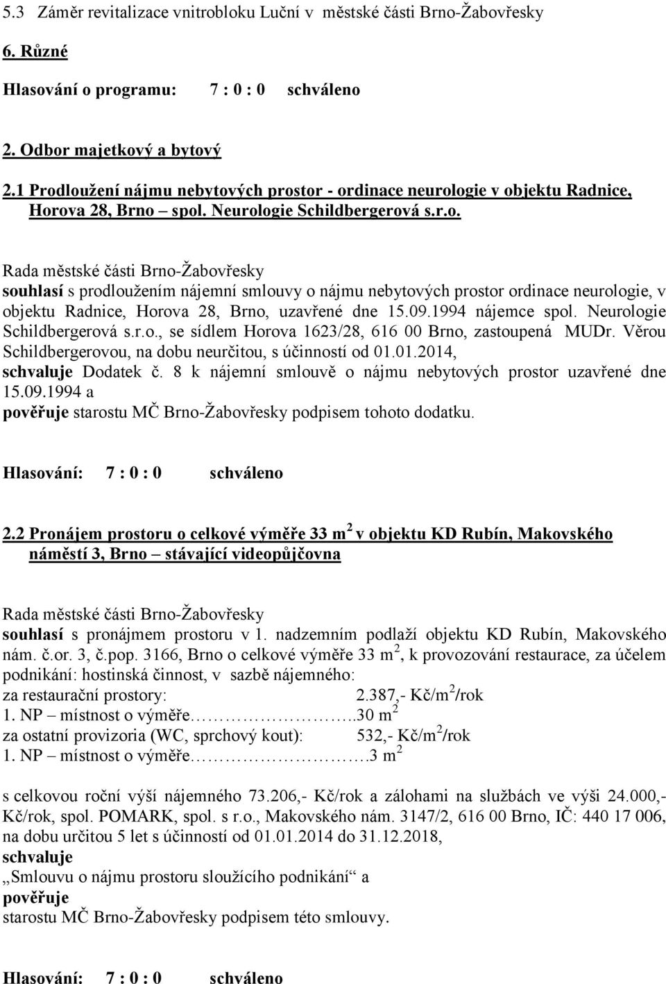 09.1994 nájemce spol. Neurologie Schildbergerová s.r.o., se sídlem Horova 1623/28, 616 00 Brno, zastoupená MUDr. Věrou Schildbergerovou, na dobu neurčitou, s účinností od 01.01.2014, schvaluje Dodatek č.