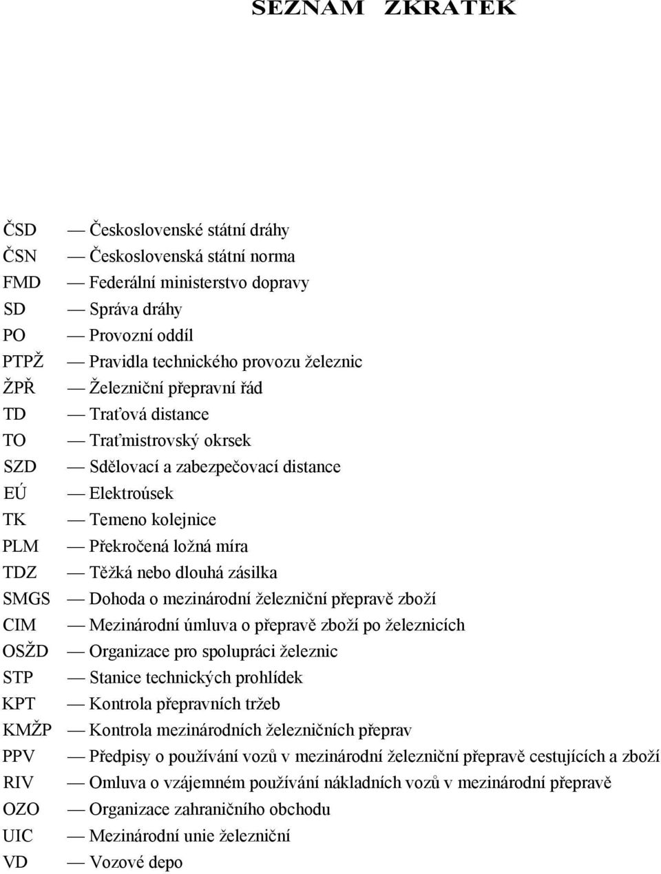 SMGS Dohoda o mezinárodní železniční přepravě zboží CIM Mezinárodní úmluva o přepravě zboží po železnicích OSŽD Organizace pro spolupráci železnic STP Stanice technických prohlídek KPT Kontrola