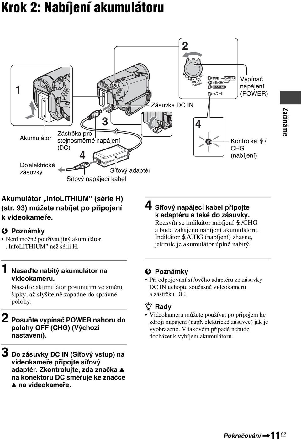 4 Síťový napájecí kabel připojte k adaptéru a také do zásuvky. Rozsvítí se indikátor nabíjení /CHG a bude zahájeno nabíjení akumulátoru.