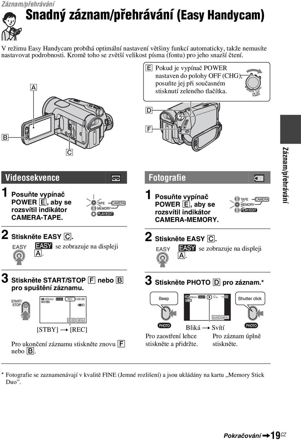 D B F Videosekvence C 1 Posuňte vypínač POWER E, aby se rozsvítil indikátor CAMERA-TAPE. Fotografie 1 Posuňte vypínač POWER E, aby se rozsvítil indikátor CAMERA-MEMORY.