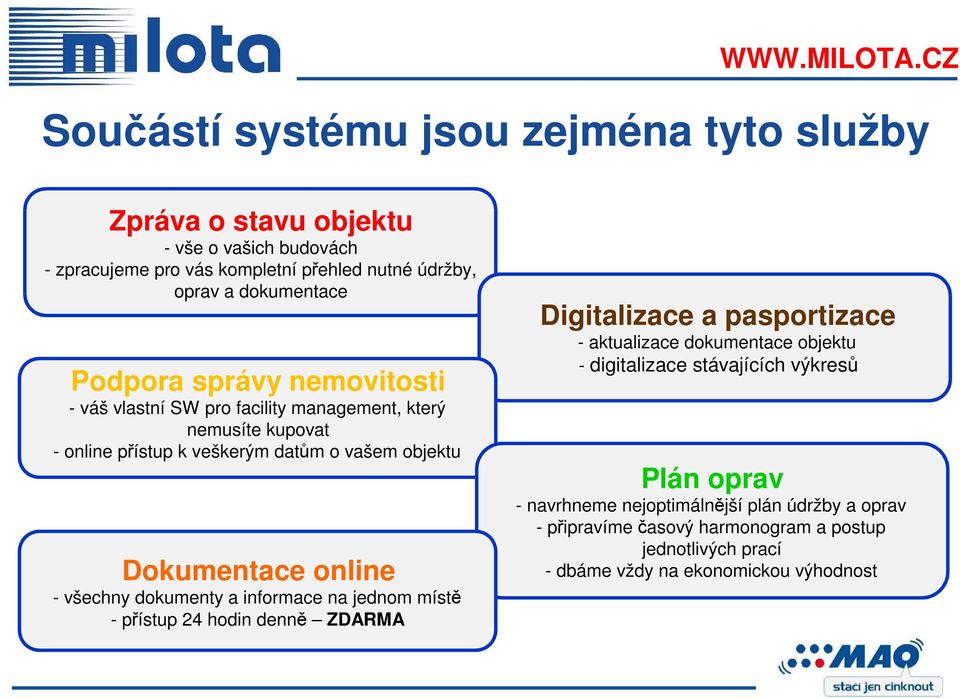 Podpora správy nemovitosti - váš vlastní SW pro facility management, který nemusíte kupovat - online přístup k veškerým datům o vašem objektu Dokumentace online -