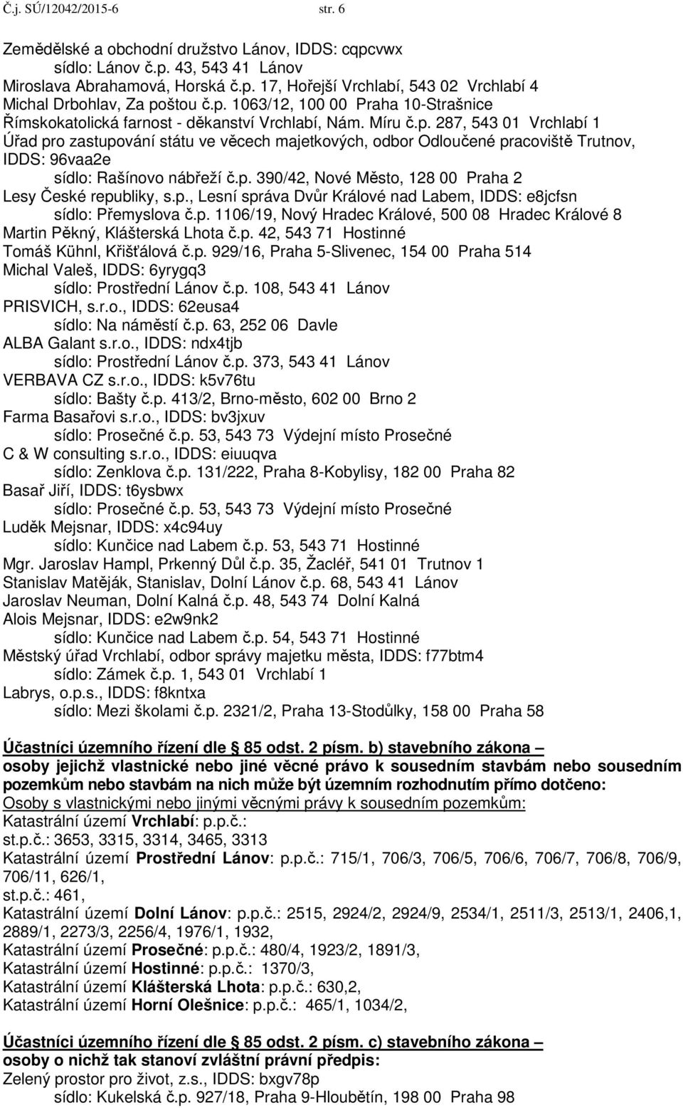 p. 390/42, Nové Město, 128 00 Praha 2 Lesy České republiky, s.p., Lesní správa Dvůr Králové nad Labem, IDDS: e8jcfsn sídlo: Přemyslova č.p. 1106/19, Nový Hradec Králové, 500 08 Hradec Králové 8 Martin Pěkný, Klášterská Lhota č.