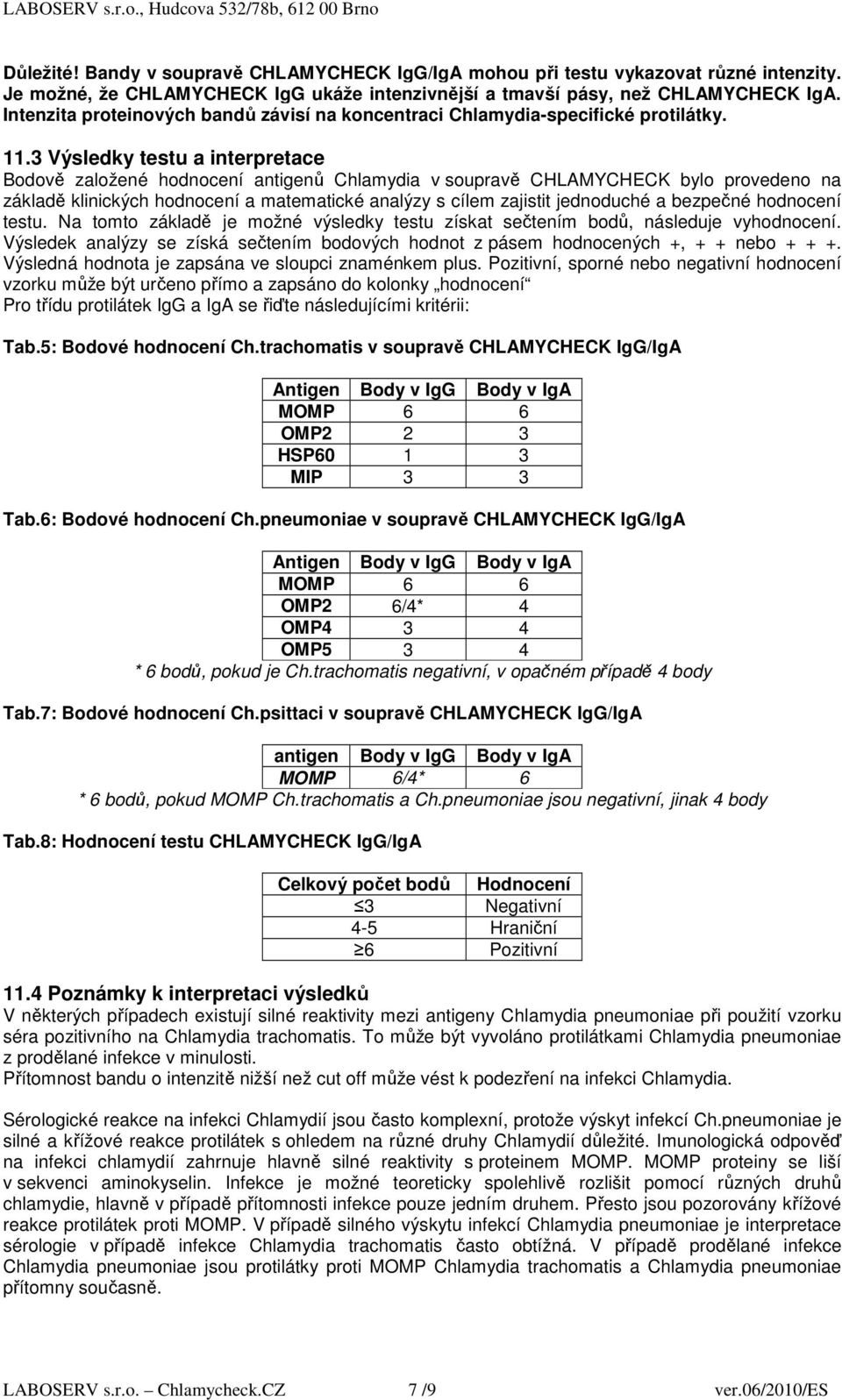 3 Výsledky testu a interpretace Bodově založené hodnocení antigenů Chlamydia v soupravě CHLAMYCHECK bylo provedeno na základě klinických hodnocení a matematické analýzy s cílem zajistit jednoduché a