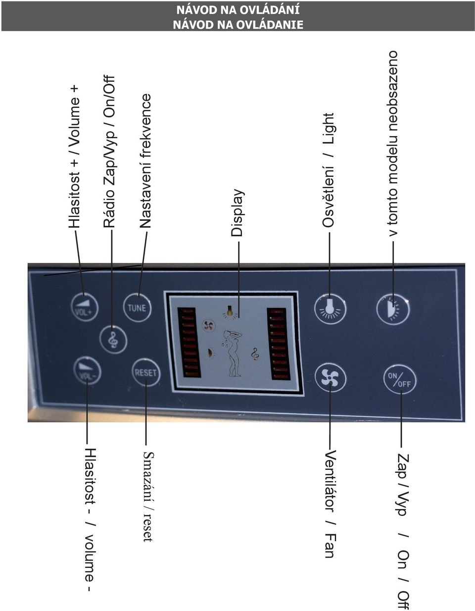 Osvětlení / Light v tomto modelu neobsazeno Zap / Vyp /