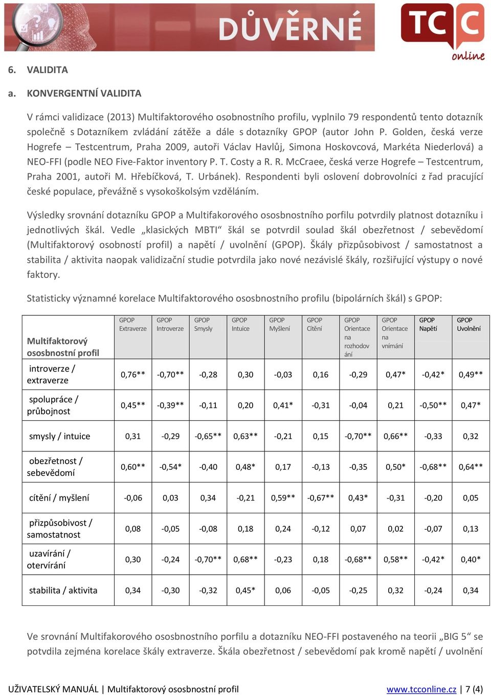 Golden, česká verze Hogrefe Testcentrum, Praha 9, autoři Václav Havlůj, Simona Hoskovcová, Markéta Niederlová) a NEO-FFI (podle NEO Five-Faktor inventory P. T. Costy a R.