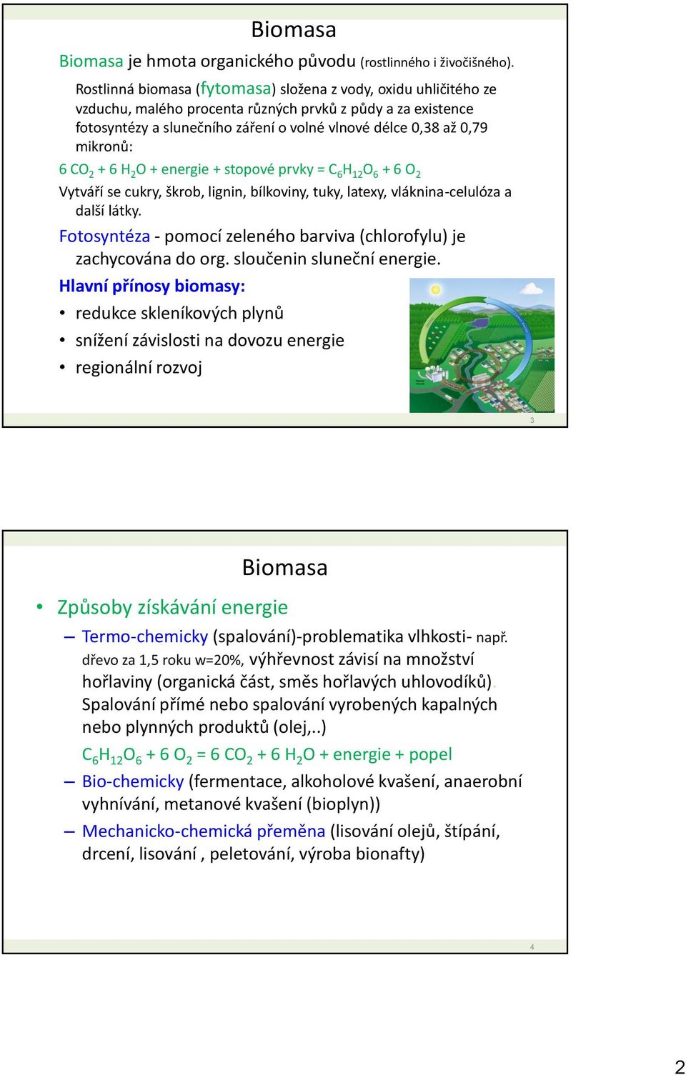 mikronů: 6 CO 2 + 6 H 2 O + energie + stopové prvky = C 6 H 12 O 6 + 6 O 2 Vytváří se cukry, škrob, lignin, bílkoviny, tuky, latexy, vláknina-celulóza a další látky.