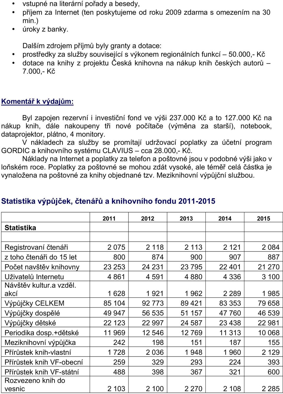 000,- Kč Komentář k výdajům: Byl zapojen rezervní i investiční fond ve výši 237.000 Kč a to 127.