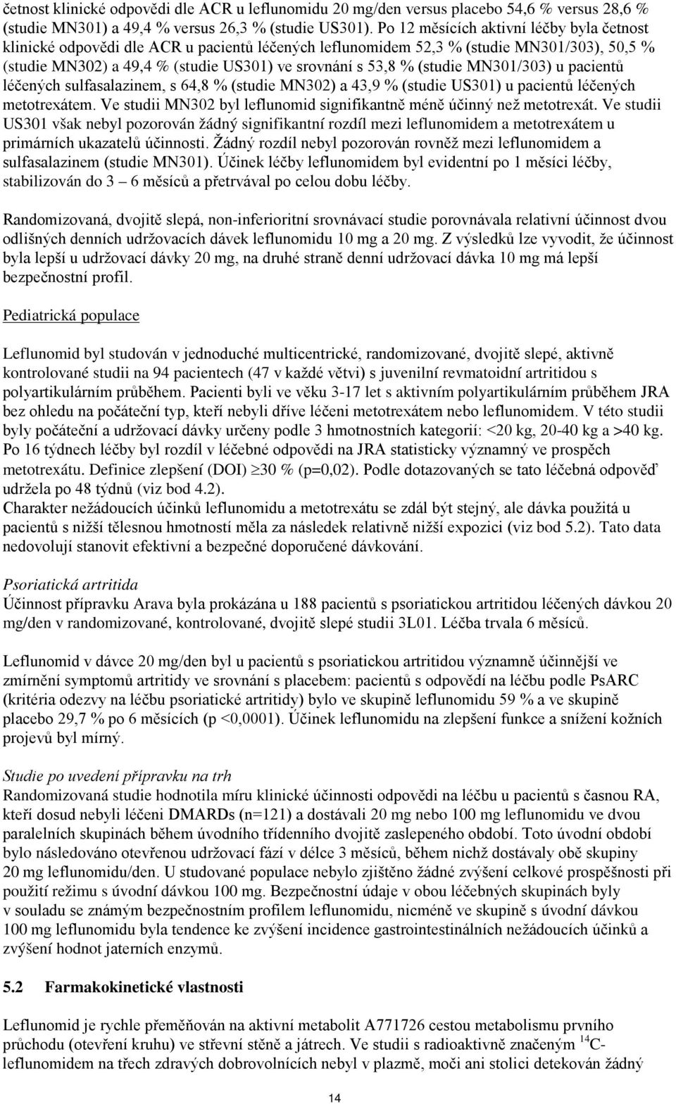 (studie MN301/303) u pacientů léčených sulfasalazinem, s 64,8 % (studie MN302) a 43,9 % (studie US301) u pacientů léčených metotrexátem.