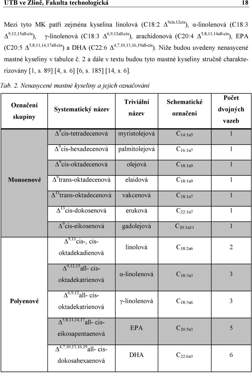 2 a dále v textu budou tyto mastné kyseliny stručně charakterizovány [1, s. 89] [4, s. 6] [6, s. 185] [14, s. 6]. Tab. 2.