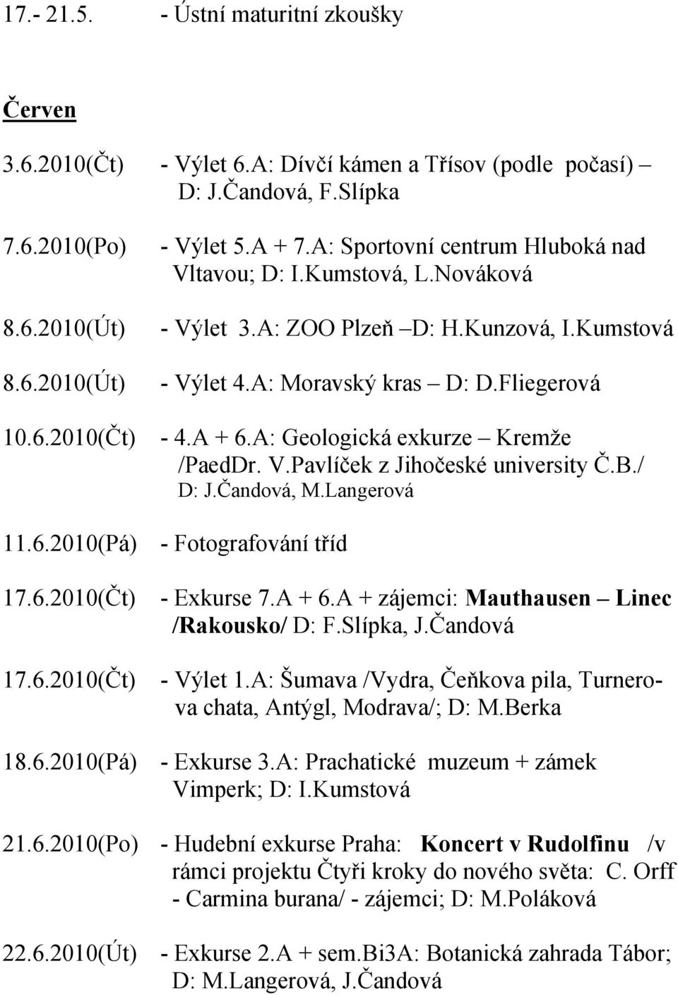 A: Geologická exkurze Kremže /PaedDr. V.Pavlíček z Jihočeské university Č.B./ D: J.Čandová, M.Langerová 11.6.2010(Pá) - Fotografování tříd 17.6.2010(Čt) 17.6.2010(Čt) - Exkurse 7.A + 6.