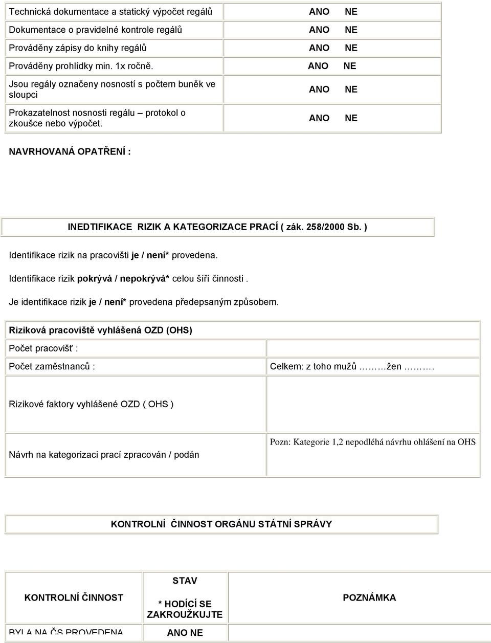 ANO ANO NE NE NAVRHOVANÁ OPATŘENÍ : INEDTIFIKACE RIZIK A KATEGORIZACE PRACÍ ( zák. 258/2000 Sb. ) Identifikace rizik na pracovišti je / není* provedena.