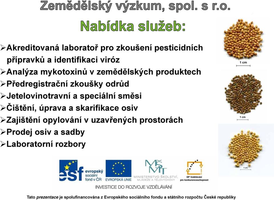 odrůd Jetelovinotravní a speciální směsi Čištění, úprava a skarifikace osiv