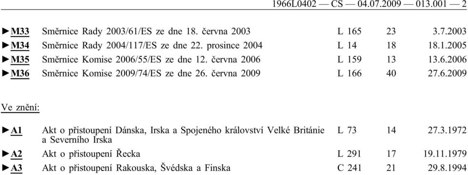června 2009 L 166 40 27.6.2009 Ve znění: A1 Akt o přistoupení Dánska, Irska a Spojeného království Velké Británie L 73 