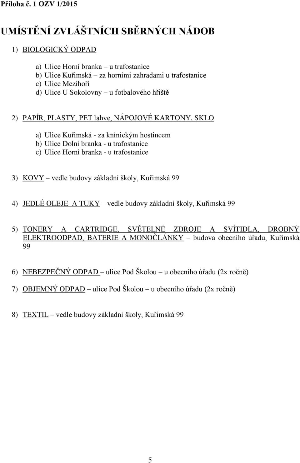 fotbalového hřiště 2) PAPÍR, PLASTY, PET lahve, NÁPOJOVÉ KARTONY, SKLO a) Ulice Kuřimská - za knínickým hostincem b) Ulice Dolní branka - u trafostanice c) Ulice Horní branka - u trafostanice 3) KOVY