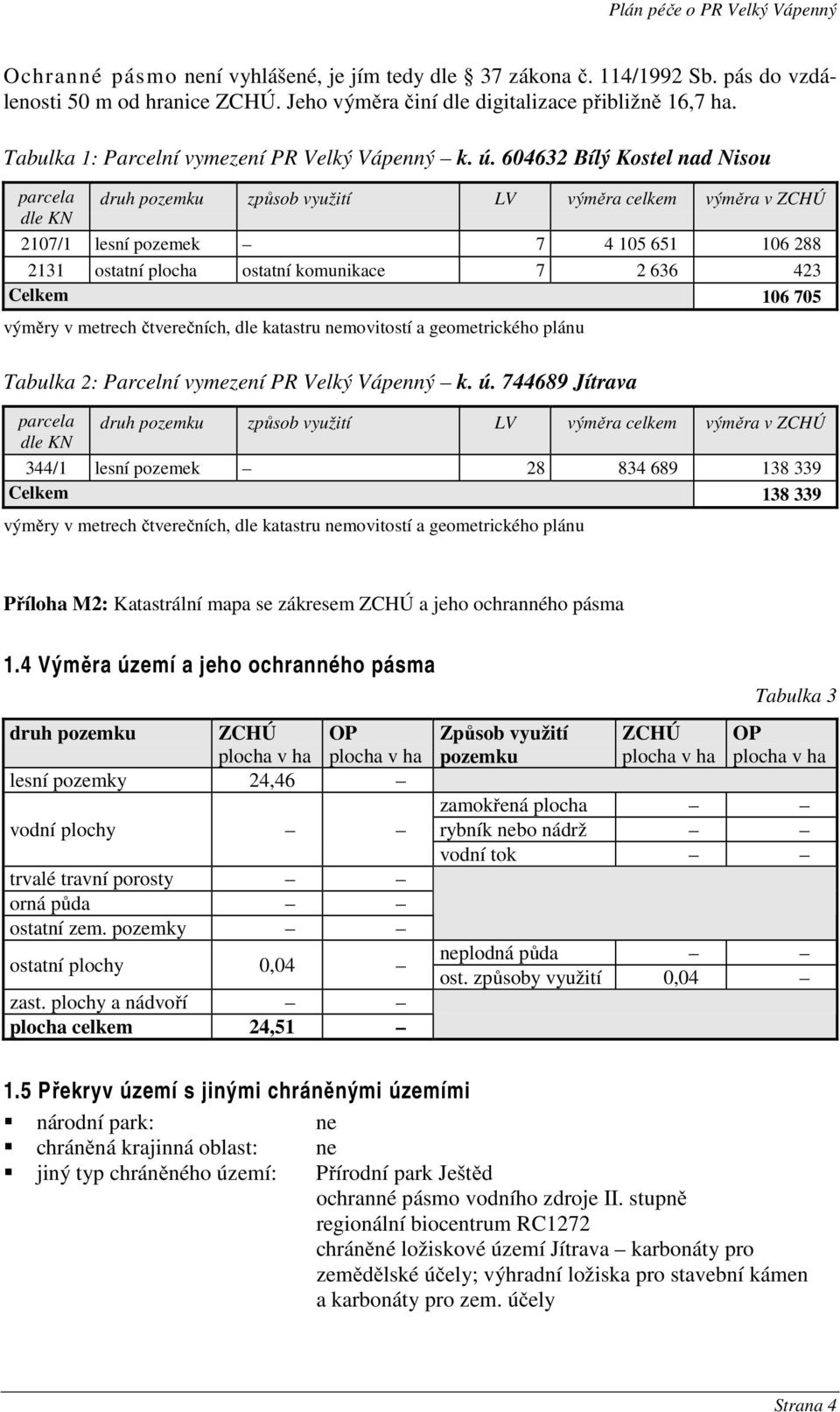 604632 Bílý Kostel nad Nisou parcela druh pozemku způsob využití LV výměra celkem výměra v ZCHÚ dle KN 2107/1 lesní pozemek 7 4 105 651 106 288 2131 ostatní plocha ostatní komunikace 7 2 636 423