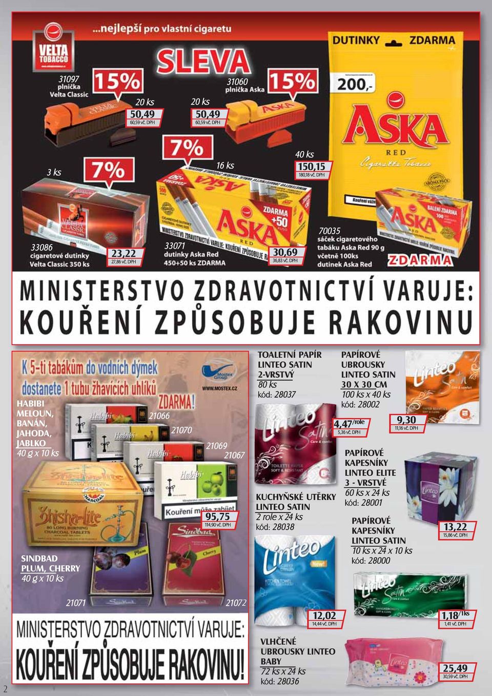 DPH TOALETNÍ PAPÍR LINTEO SATIN 2-VRSTVÝ 80 ks kód: 28037 KUCHYŇSKÉ UTĚRKY LINTEO SATIN 2 role x 24 ks kód: 28038 PAPÍROVÉ UBROUSKY LINTEO SATIN 30 X 30 CM 100 ks x 40 ks kód: 28002 4,47 /role 5,36