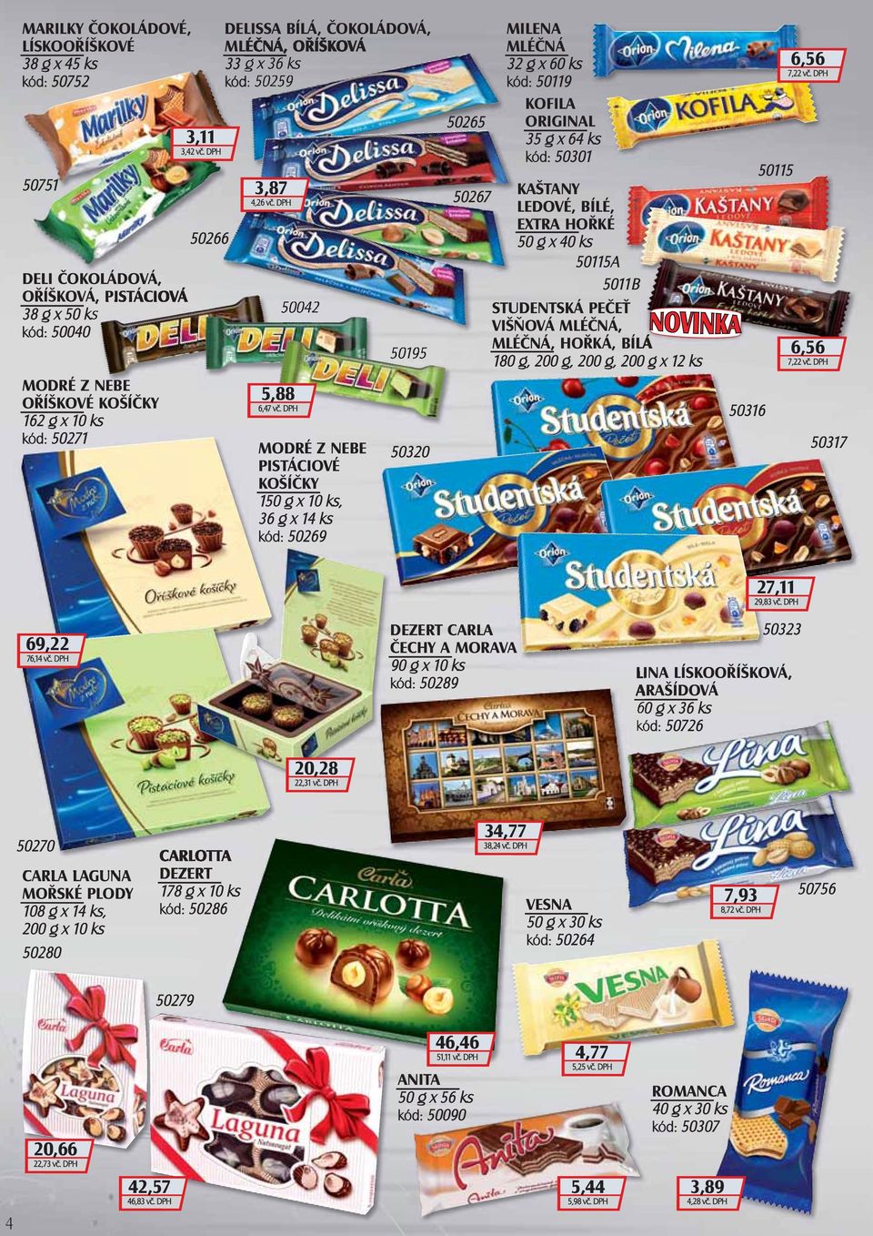 DPH MODRÉ Z NEBE PISTÁCIOVÉ KOŠÍČKY 150 g x 10 ks, 36 g x 14 ks kód: 50269 50195 50320 50265 MILENA MLÉČNÁ 32 g x 60 ks kód: 50119 KOFILA ORIGINAL 35 g x 64 ks kód: 50301 50267 KAŠTANY LEDOVÉ, BÍLÉ,