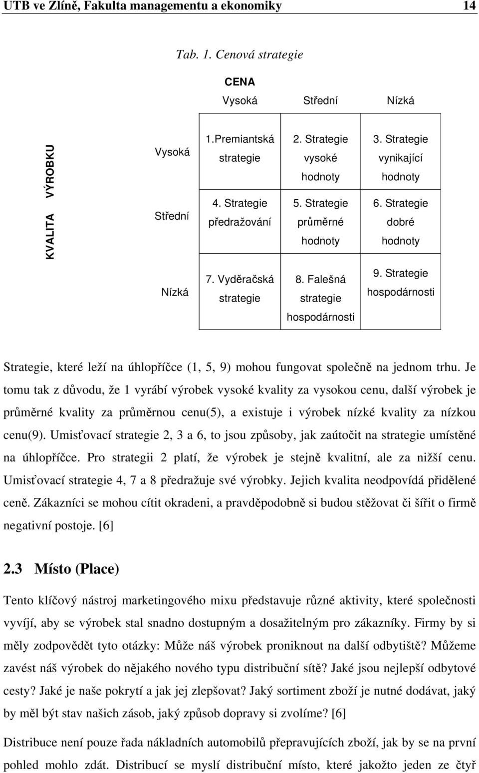 Strategie hospodárnosti hospodárnosti Strategie, které leží na úhlopříčce (1, 5, 9) mohou fungovat společně na jednom trhu.