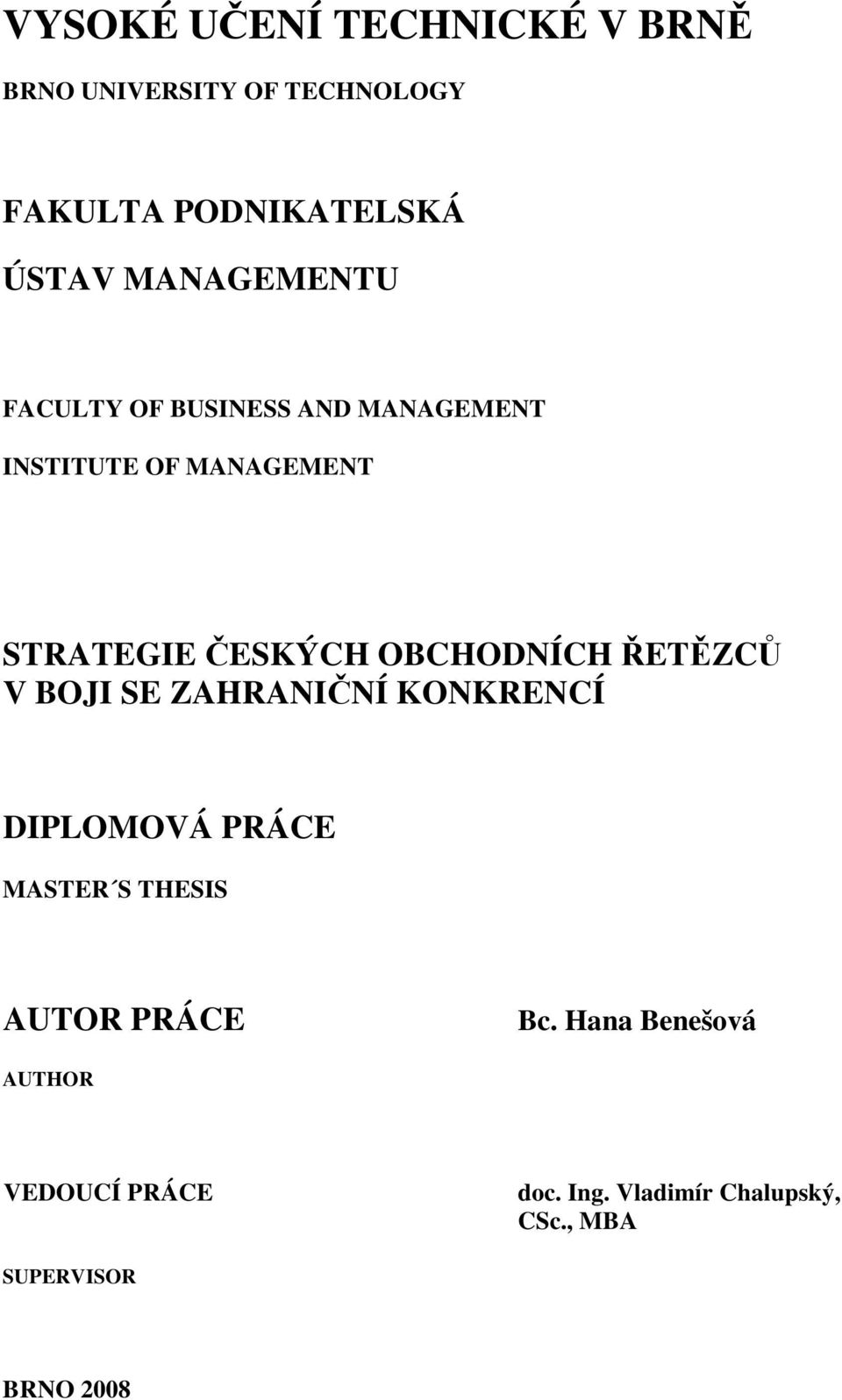 OBCHODNÍCH ŘETĚZCŮ V BOJI SE ZAHRANIČNÍ KONKRENCÍ DIPLOMOVÁ PRÁCE MASTER S THESIS AUTOR