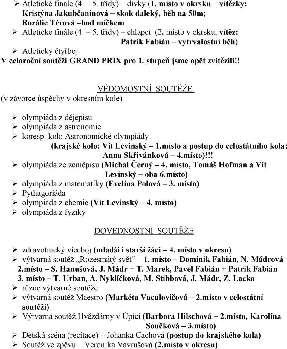 ! VĚDOMOSTNÍ SOUTĚŽE (v závorce úspěchy v okresním kole) olympiáda z dějepisu olympiáda z astronomie koresp. kolo Astronomické olympiády (krajské kolo: Vít Levinský 1.