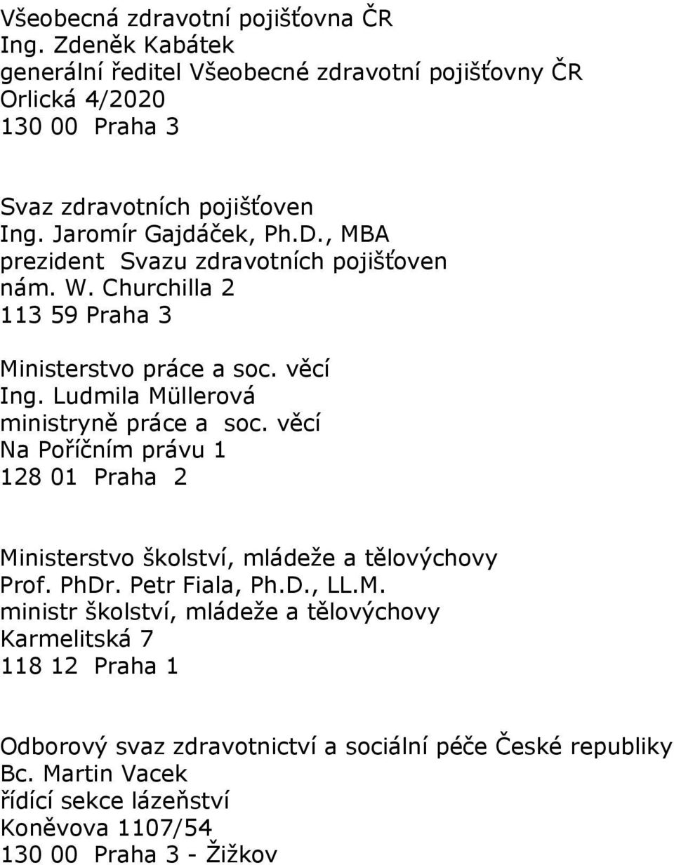 Ludmila Müllerová ministryně práce a soc. věcí Na Poříčním právu 1 128 01 Praha 2 Ministerstvo školství, mládeže a tělovýchovy Prof. PhDr. Petr Fiala, Ph.D., LL.M. ministr školství, mládeže a tělovýchovy Karmelitská 7 118 12 Praha 1 Odborový svaz zdravotnictví a sociální péče České republiky Bc.