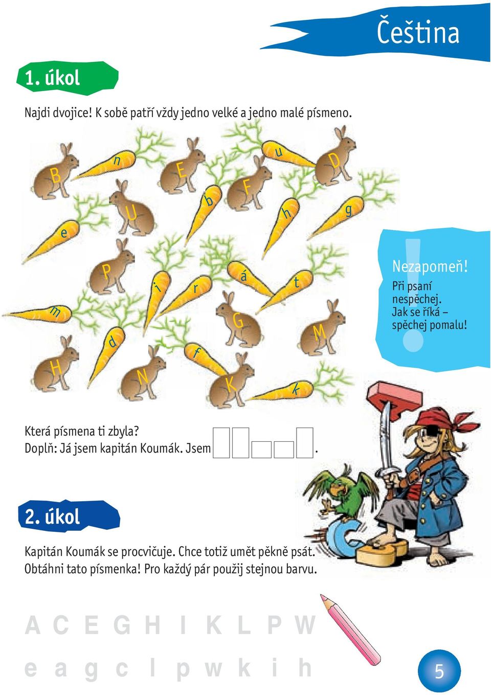 Jak se říká spěchej pomalu! Která písmena ti zbyla? Doplň: Já jsem kapitán Koumák. Jsem. 2.